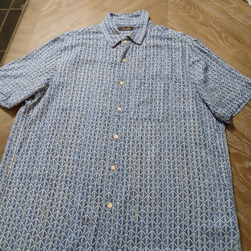 Tasso Elba Shirt Men Silk Rayon Button Up Pocket Side Slits Geometric Design